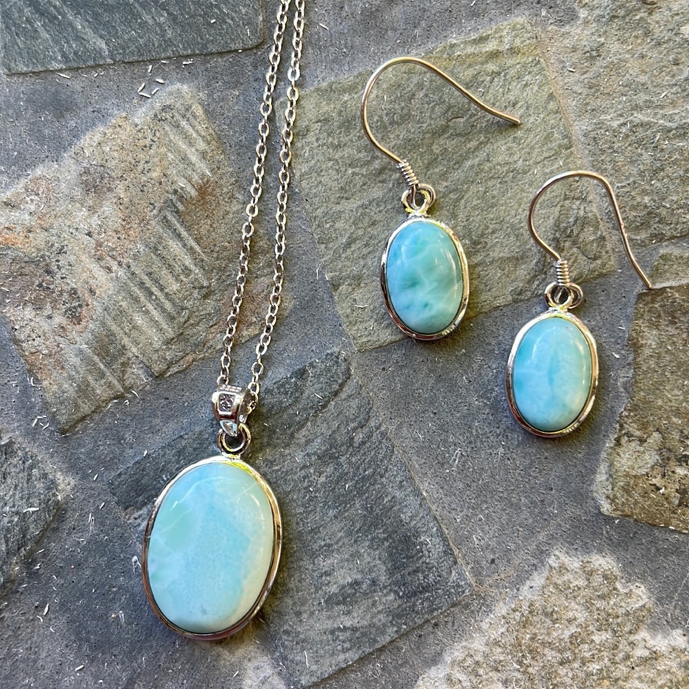 Larimar Sterling Silver Chain/Pendant ER Set - Picture 3 of 14